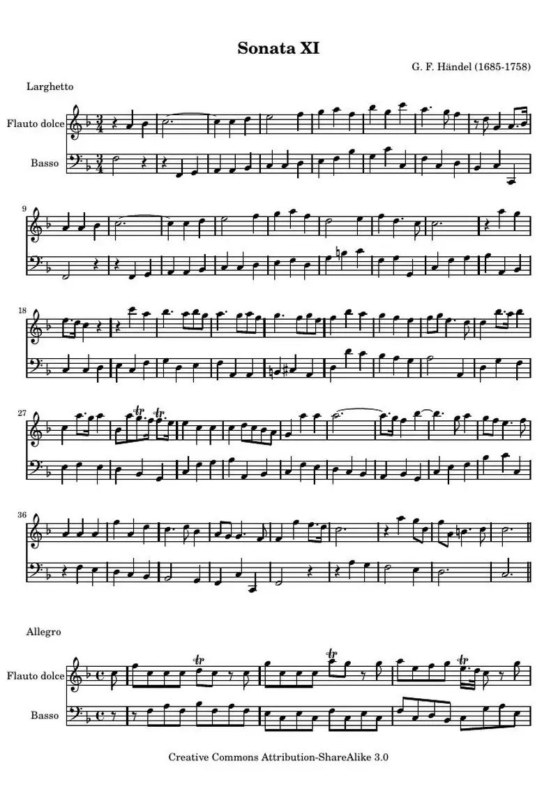 Первая страница нот «Соната XI, from соч. 1»