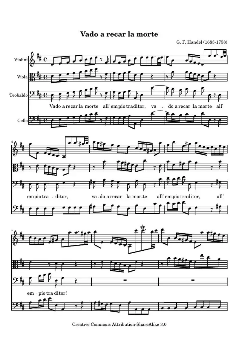 Первая страница нот «Vado a recar la morte , Aria from Faramondo»