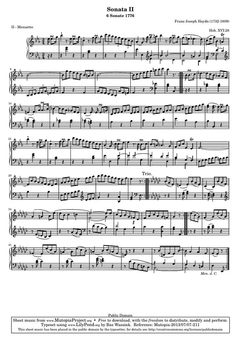 Первая страница нот «Sonate II, II - Менуэтto»