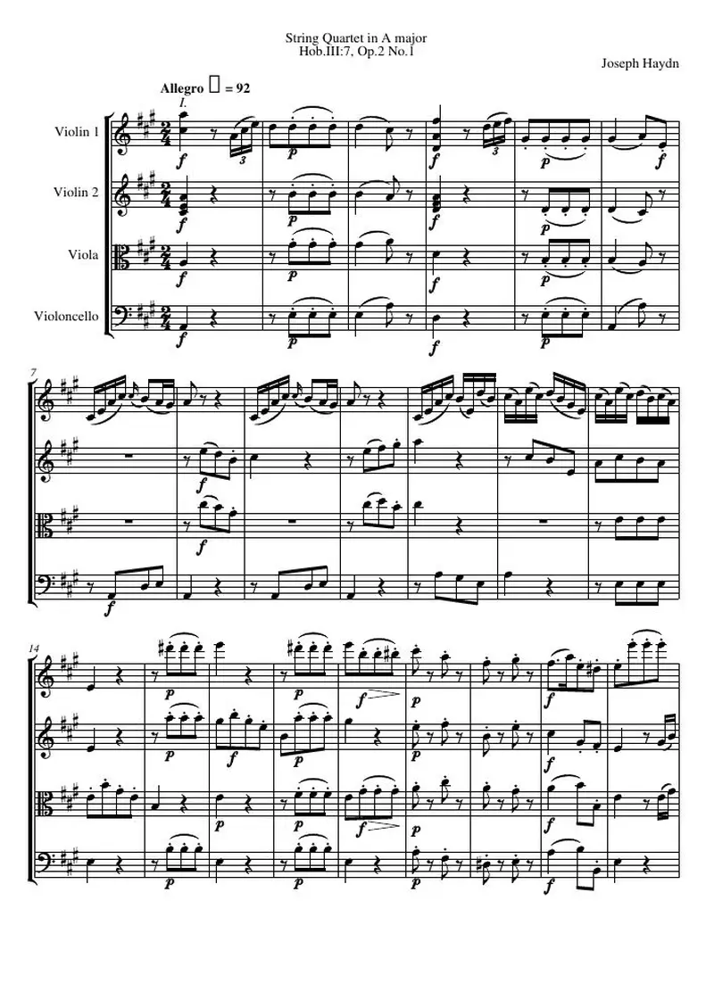 Первая страница нот «Струнный квартет A major, Hob.III:7, соч.2 №1»