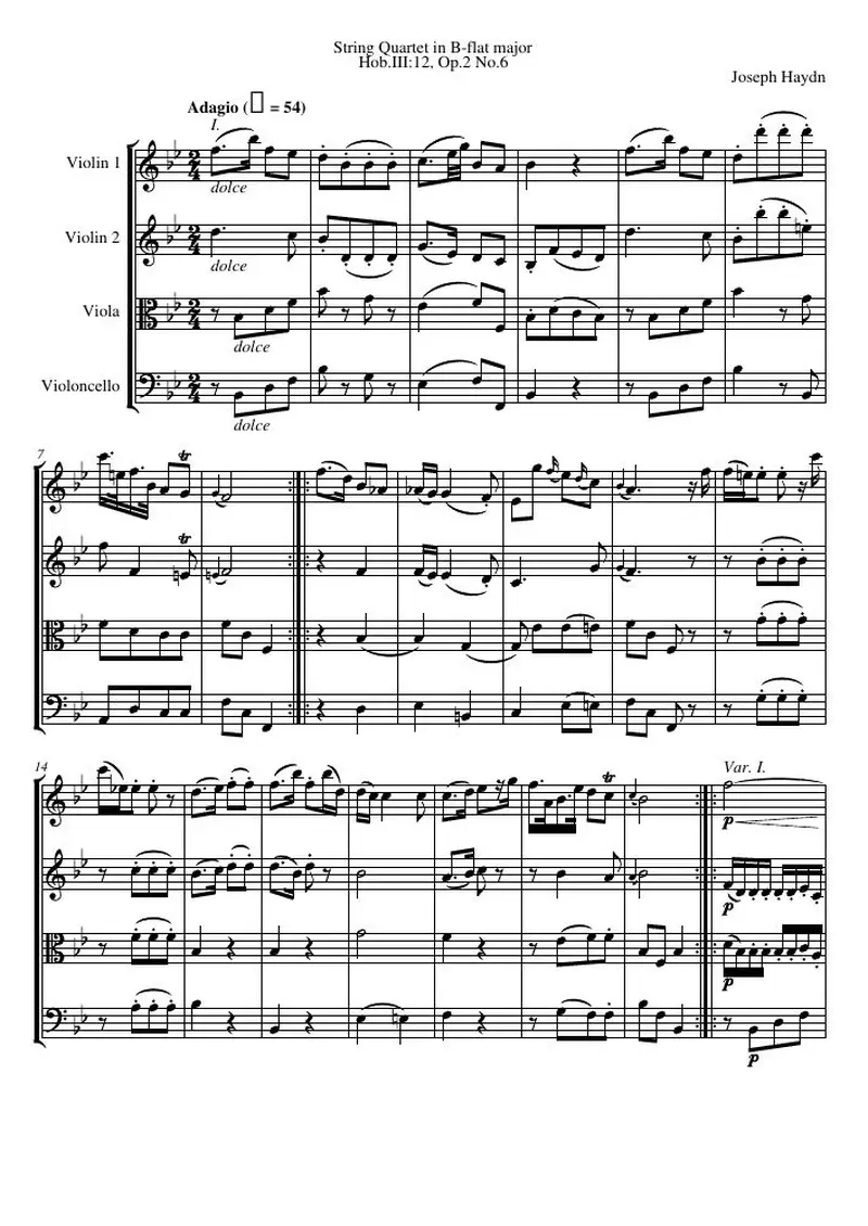 Первая страница нот «Струнный квартет B-flat major, Hob.III:12, соч.2 №6»