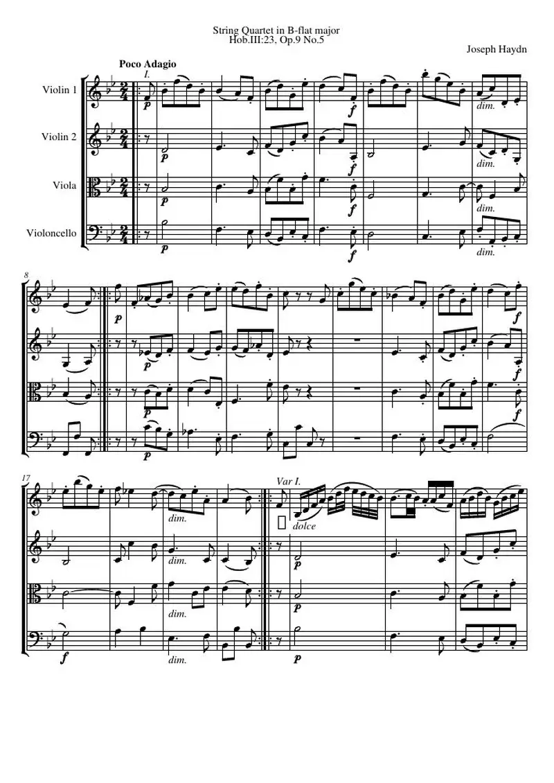 Первая страница нот «Струнный квартет B-flat major, Hob.III:23, соч.9 №5»