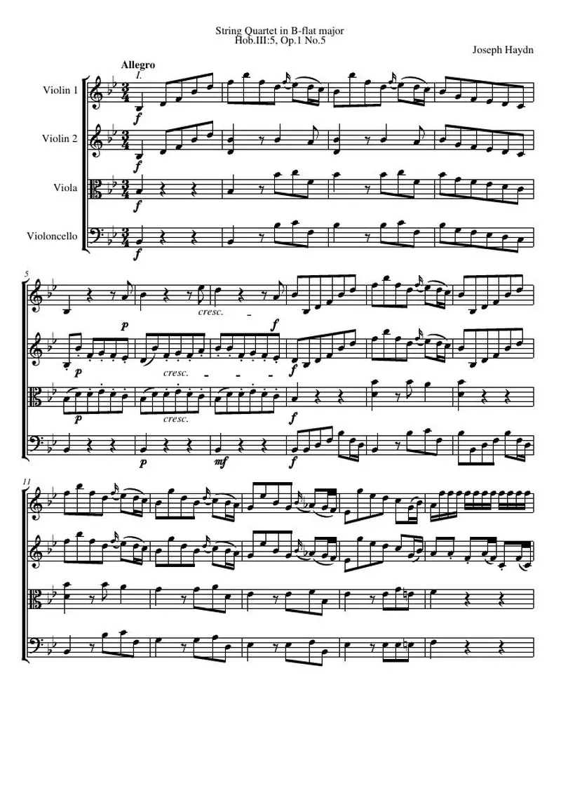 Первая страница нот «Струнный квартет B-flat major, Hob.III:5, соч.1 №5»