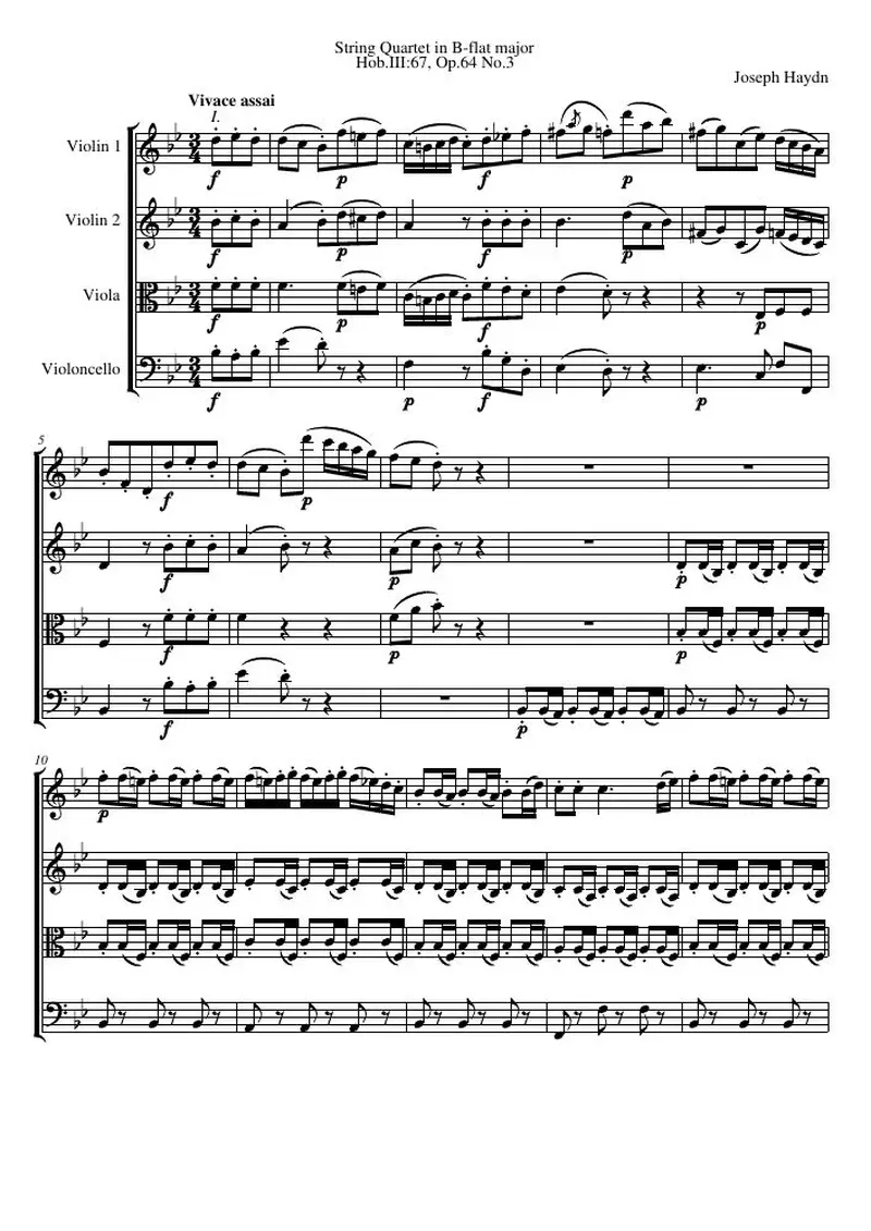 Первая страница нот «Струнный квартет B-flat major, Hob.III:67, соч.64 №3»