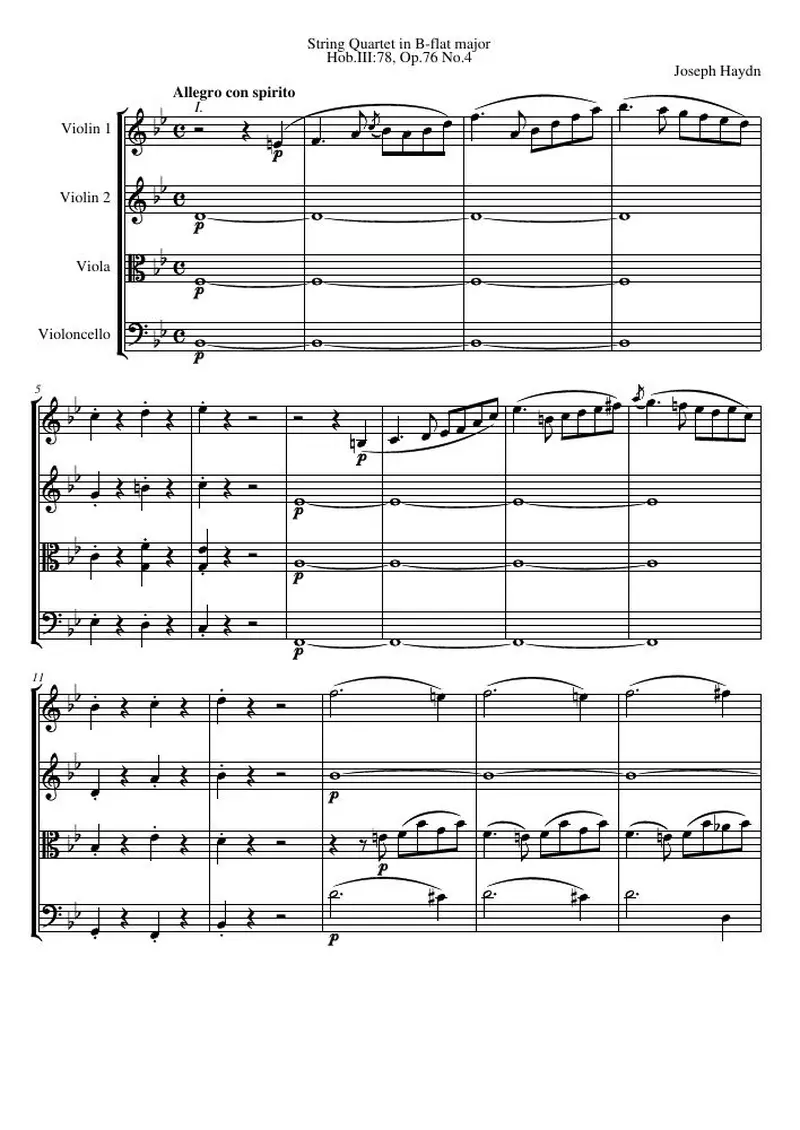 Первая страница нот «Струнный квартет B-flat major, Hob.III:78, соч.76 №4»
