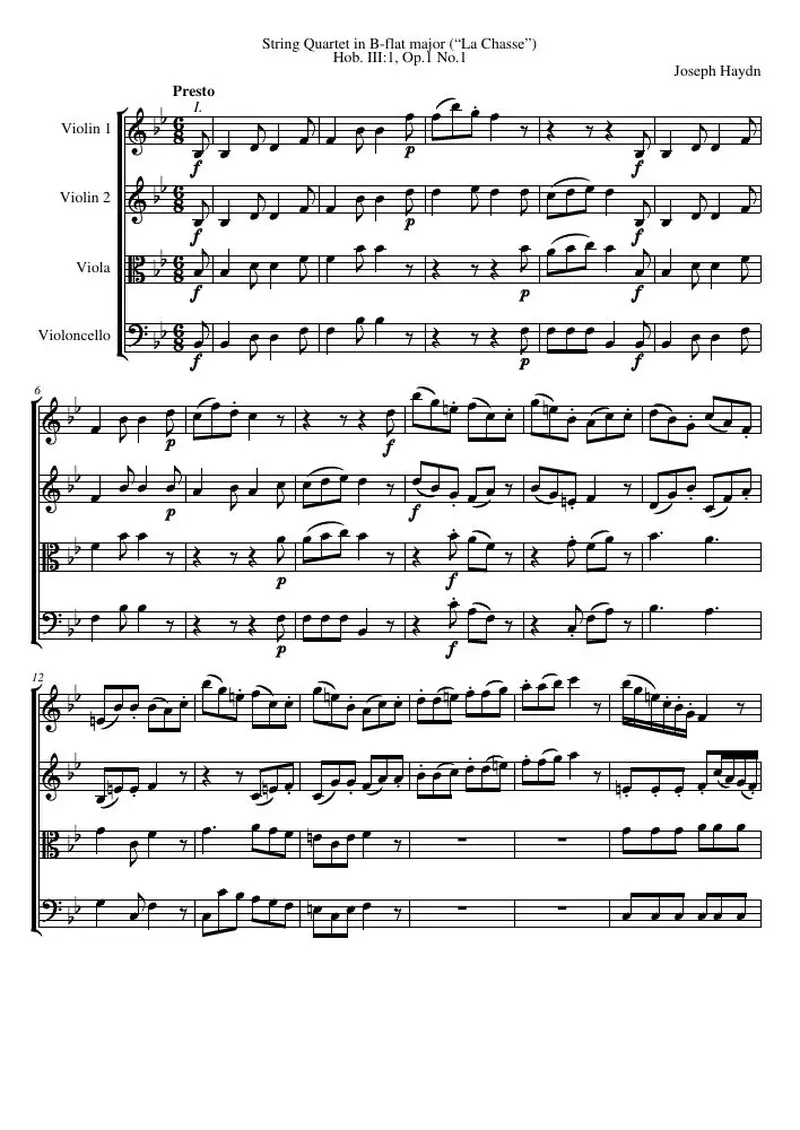 Первая страница нот «Струнный квартет B-flat major (“La Chasse”), Hob. III:1, соч.1 №1»