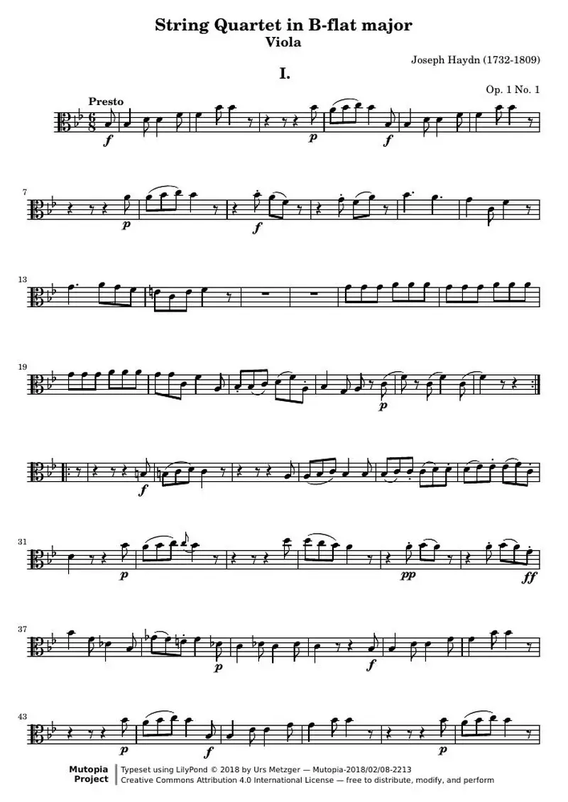 Первая страница нот «Струнный квартет B-flat major (соч. 1 № 1) — viola»