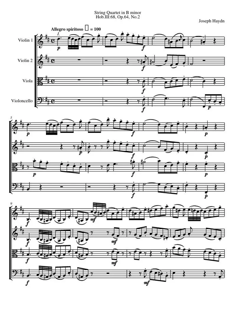 Первая страница нот «Струнный квартет B минор, Hob.III:68»