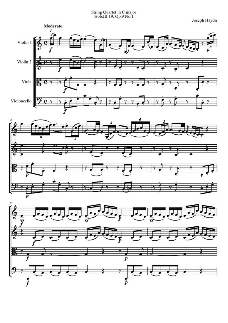 Первая страница нот «Струнный квартет C major, Hob.III:19, соч.9 №1»