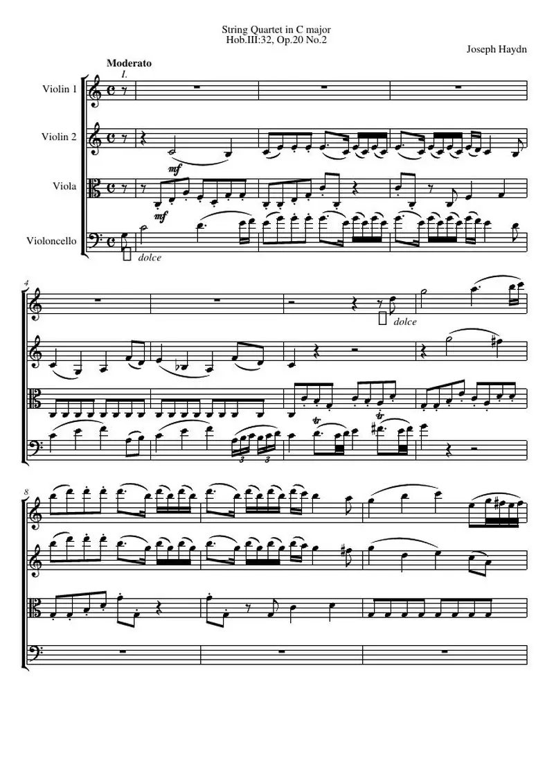 Первая страница нот «Струнный квартет C major, Hob.III:32, соч.20 №2»