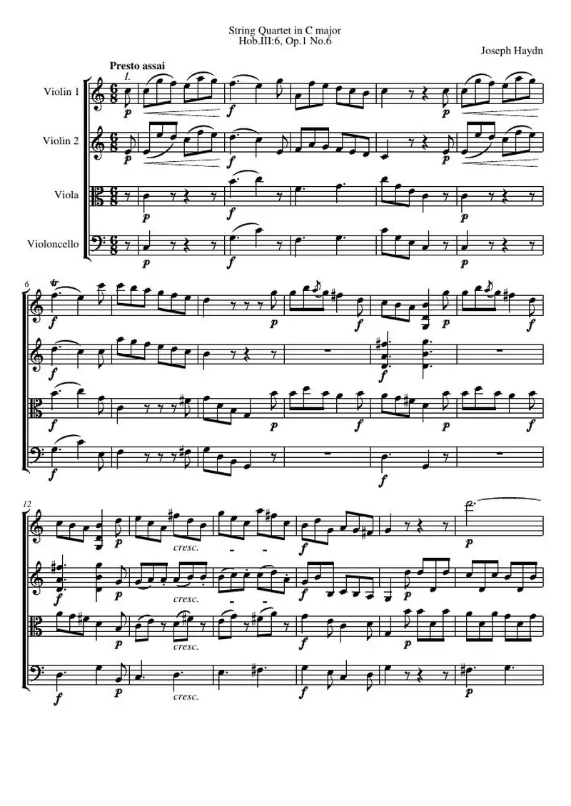 Первая страница нот «Струнный квартет C major, Hob.III:6, соч.1 №6»