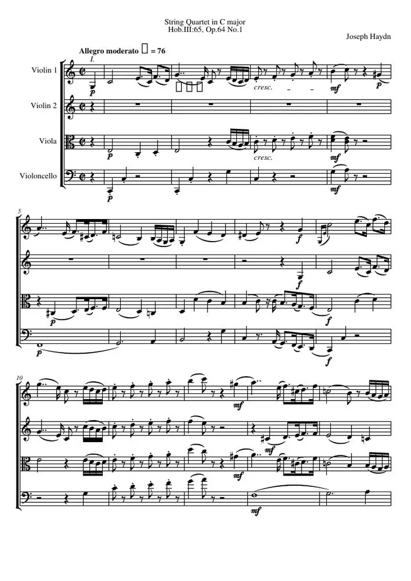 Первая страница нот «Струнный квартет C major, Hob.III:65, соч.64 №1»