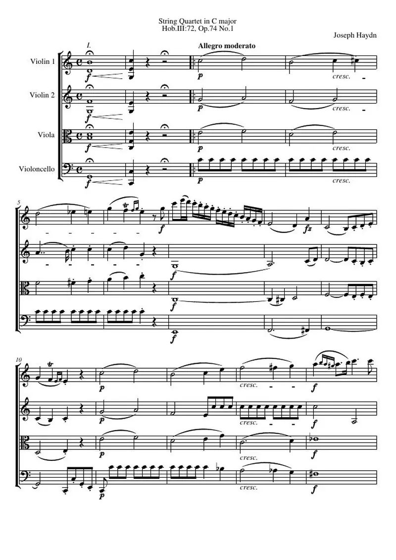 Первая страница нот «Струнный квартет C major, Hob.III:72, соч.74 №1»