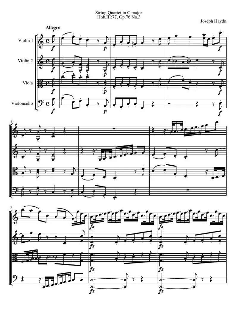 Первая страница нот «Струнный квартет C major, Hob.III:77, соч.76 №3»