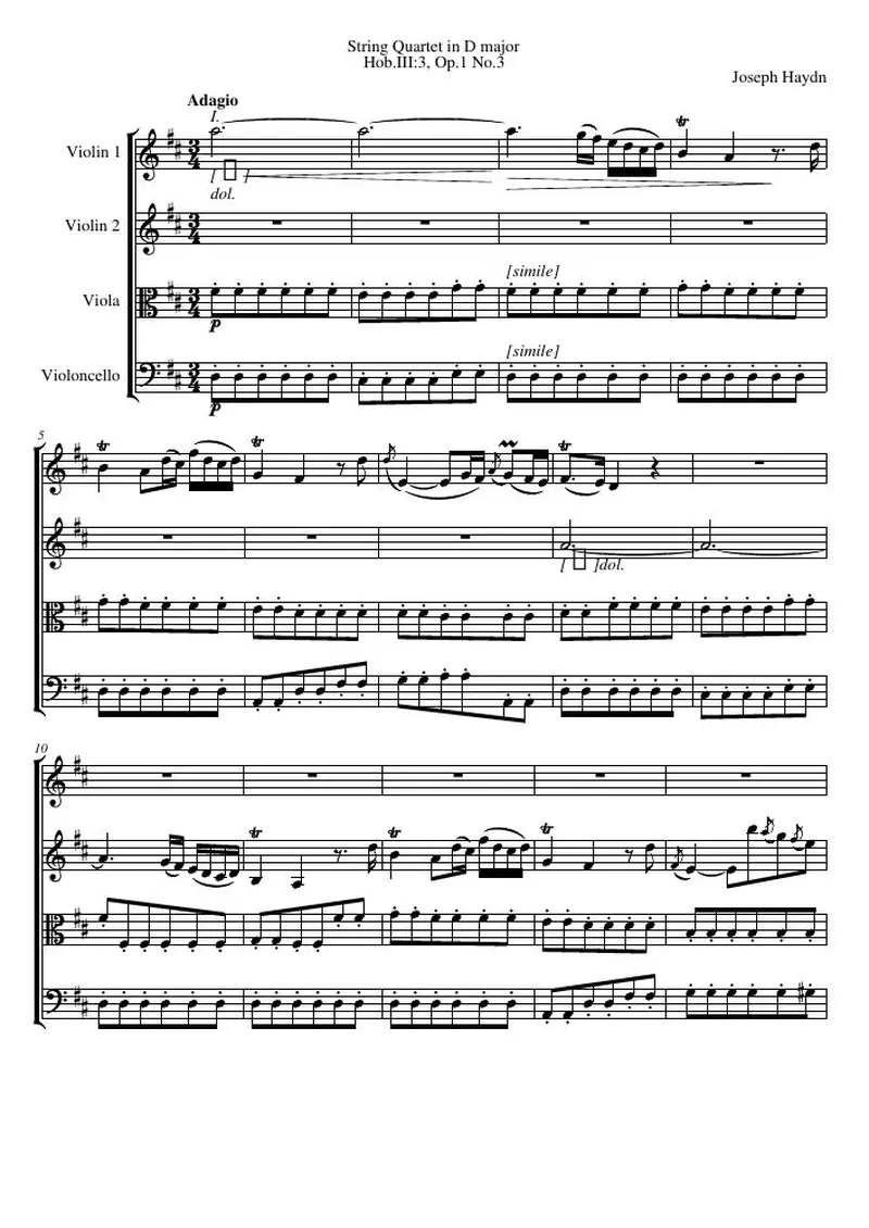 Первая страница нот «Струнный квартет D major, Hob.III:3, соч.1 №3»