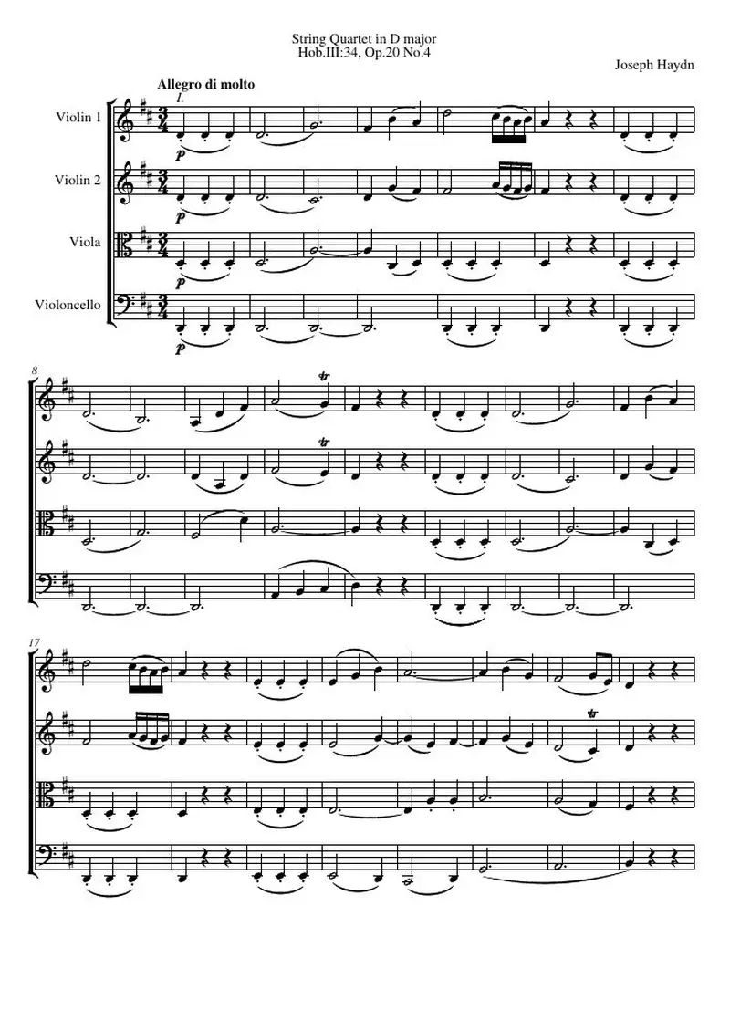 Первая страница нот «Струнный квартет D major, Hob.III:34, соч.20 №4»