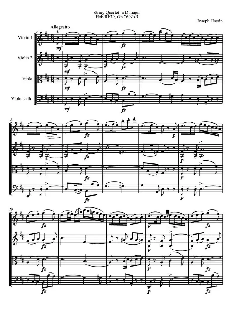 Первая страница нот «Струнный квартет D major, Hob.III:79, соч.76 №5»