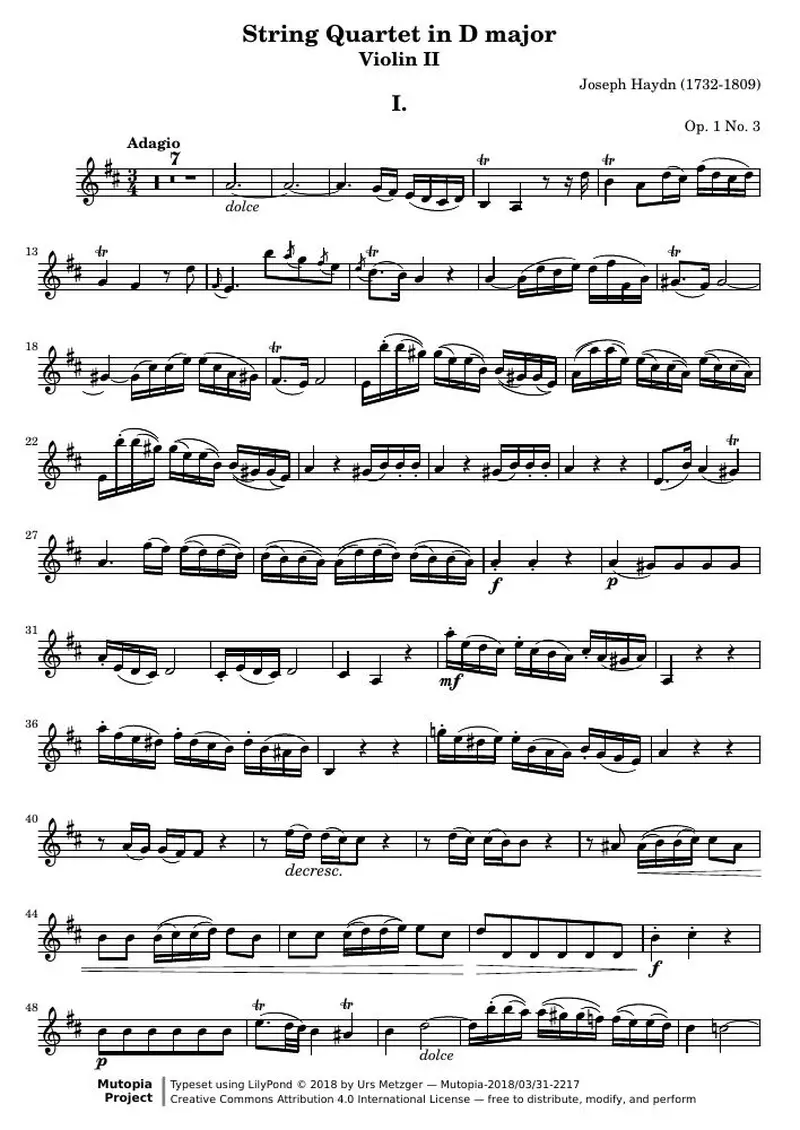 Первая страница нот «Струнный квартет D major (соч. 1 № 3) — violin2»