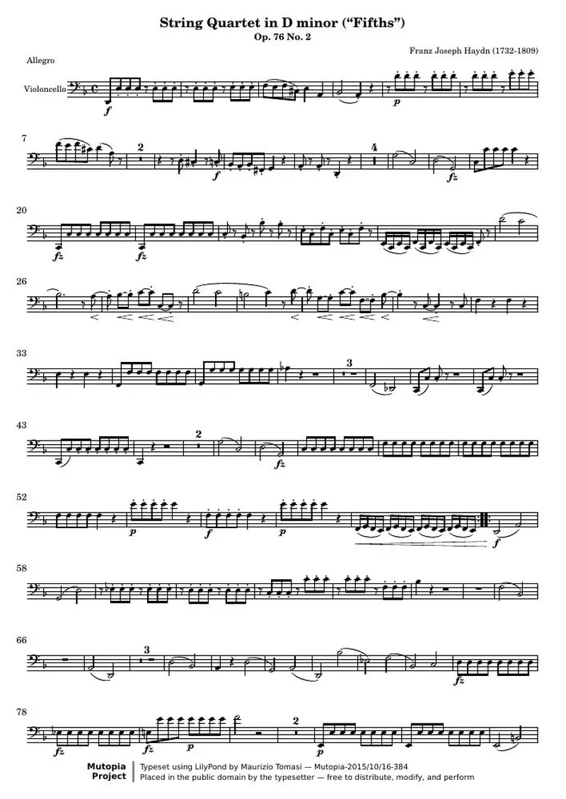 Первая страница нот «Струнный квартет D минор (соч. 76 № 2) — violoncello»