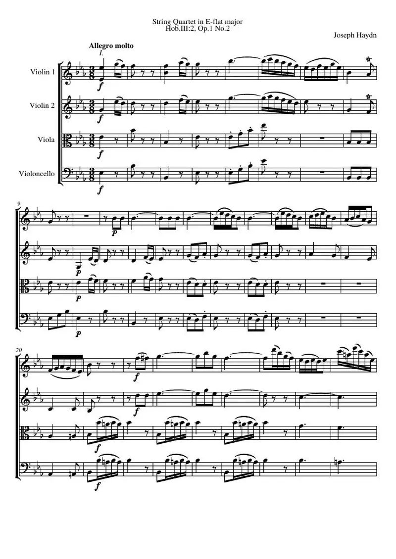 Первая страница нот «Струнный квартет E-flat major, Hob.III:2, соч.1 №2»