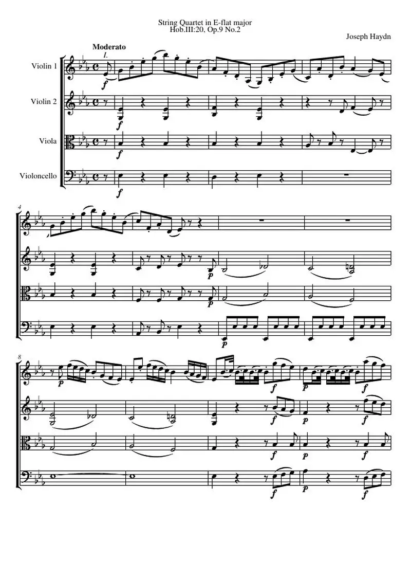 Первая страница нот «Струнный квартет E-flat major, Hob.III:20, соч.9 №2»