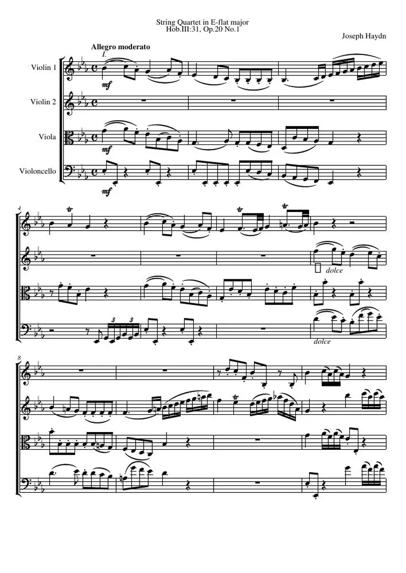 Первая страница нот «Струнный квартет E-flat major, Hob.III:31, соч.20 №1»