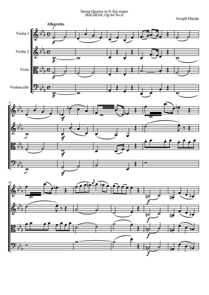 Первая страница нот «Струнный квартет E-flat major, Hob.III:64, соч.64 №6»