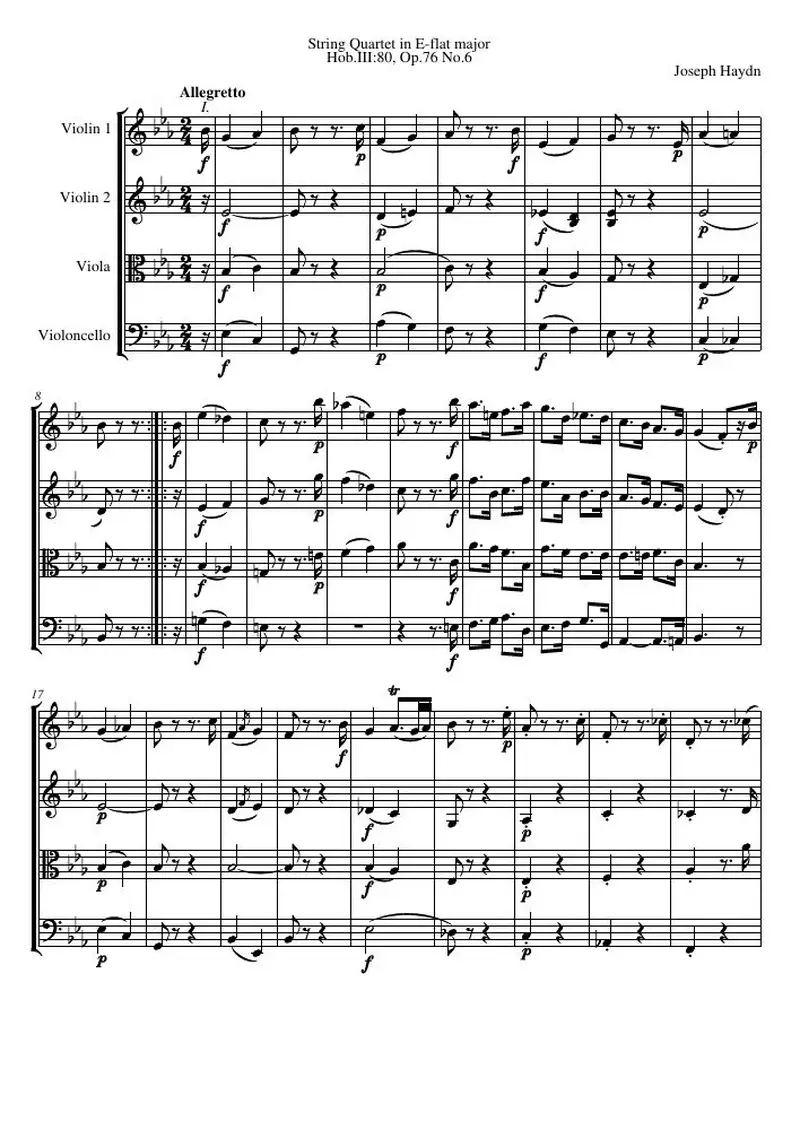 Первая страница нот «Струнный квартет E-flat major, Hob.III:80, соч.76 №6»