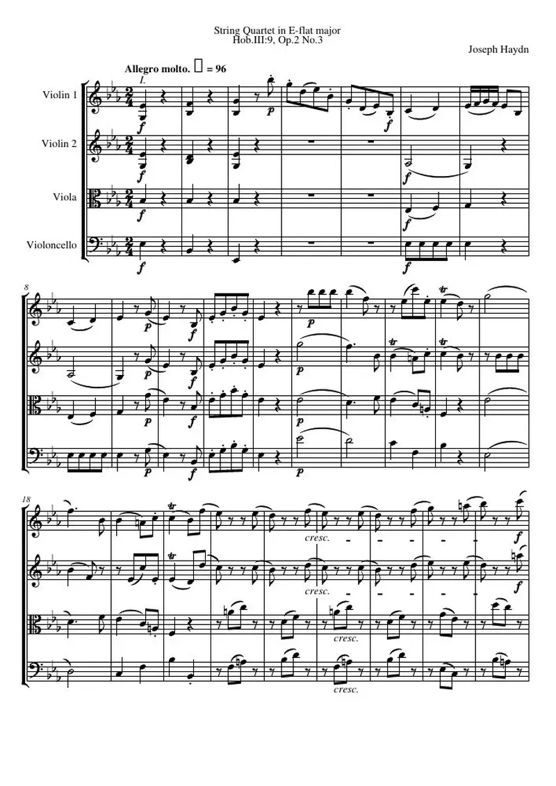 Первая страница нот «Струнный квартет E-flat major, Hob.III:9, соч.2 №3»