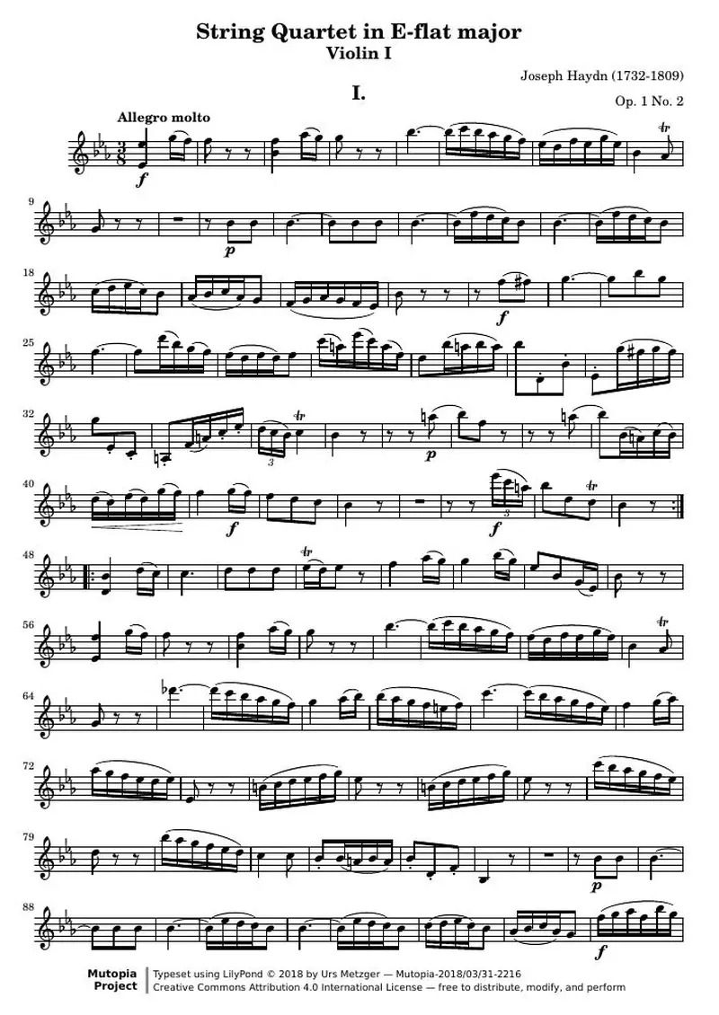 Первая страница нот «Струнный квартет E-flat major (соч. 1 № 2) — violin1»