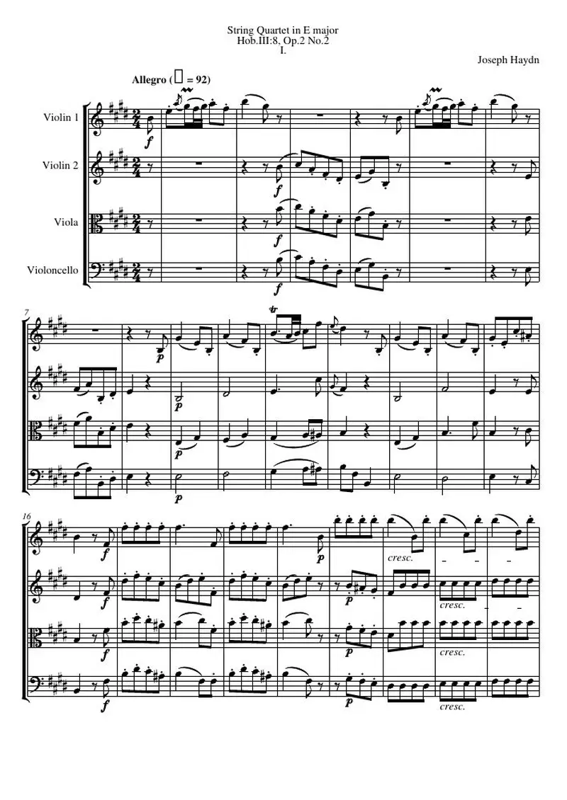Первая страница нот «Струнный квартет E major, Hob.III:8, соч.2 №2»