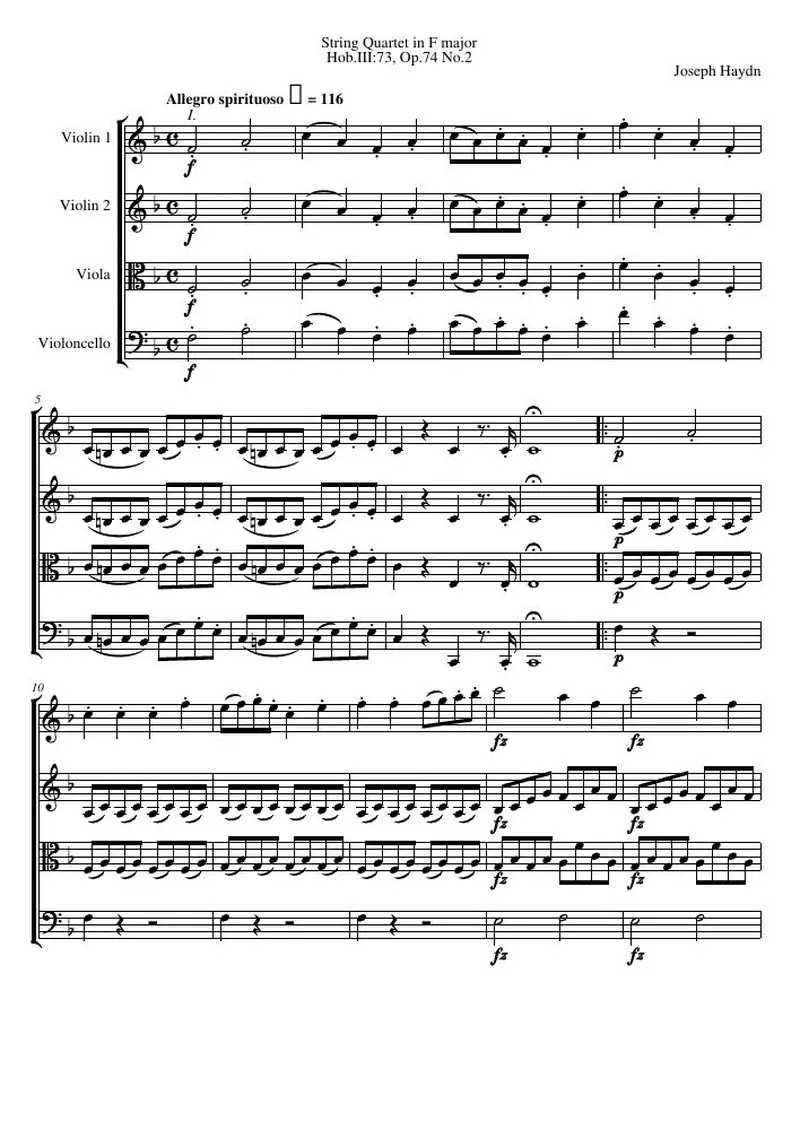 Первая страница нот «Струнный квартет F major, Hob.III:73, соч.74 №2»