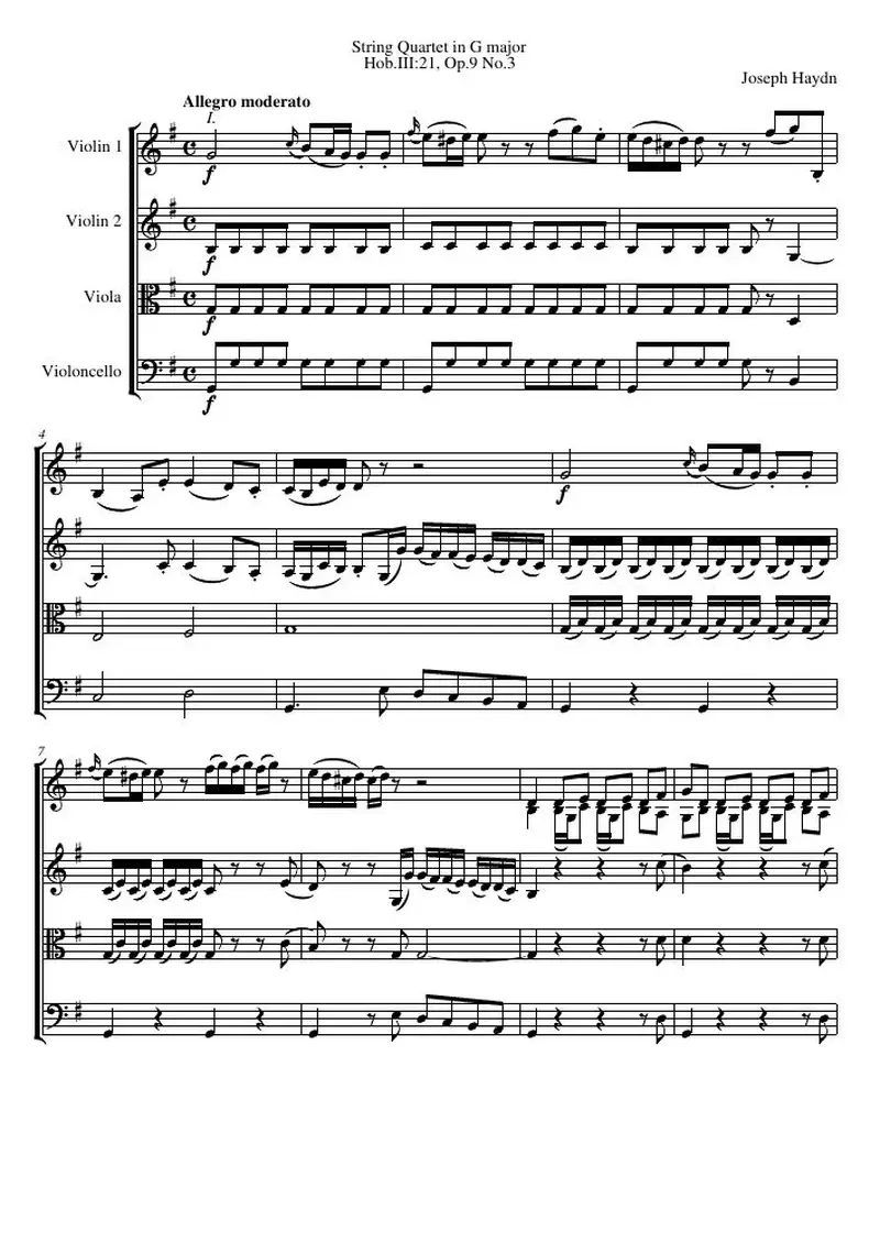 Первая страница нот «Струнный квартет G major, Hob.III:21, соч.9 №3»