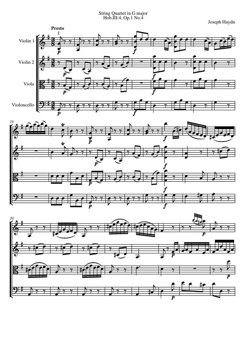 Первая страница нот «Струнный квартет G major, Hob.III:4, соч.1 №4»