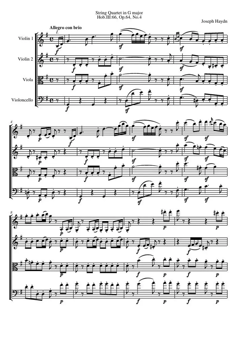Первая страница нот «Струнный квартет G major, Hob.III:66, соч.64, №4»