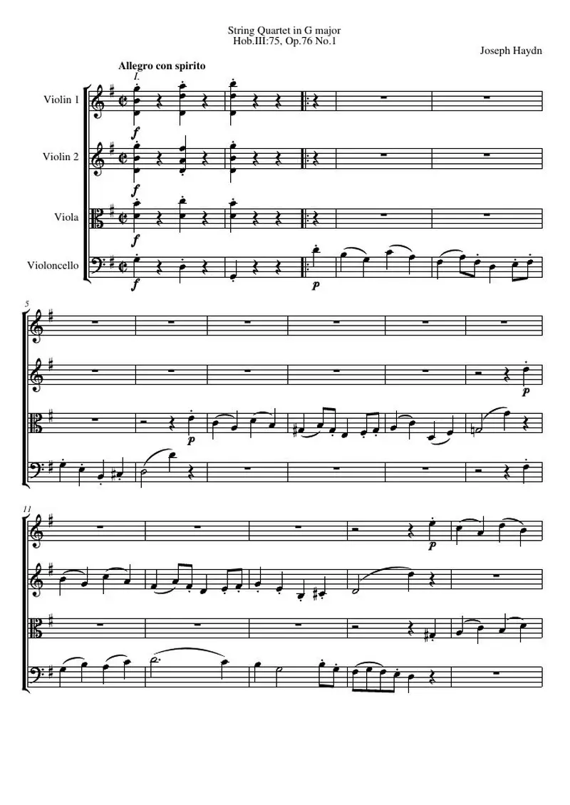 Первая страница нот «Струнный квартет G major, Hob.III:75, соч.76 №1»