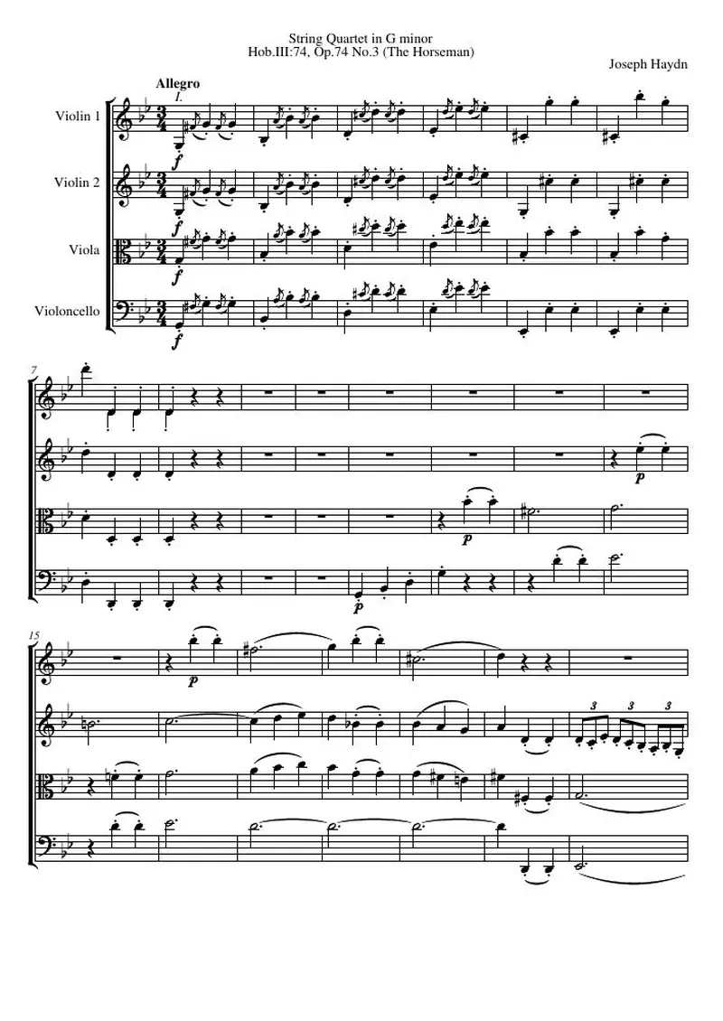 Первая страница нот «Струнный квартет G минор, Hob.III:74, соч.74 №3 (The Horseman)»