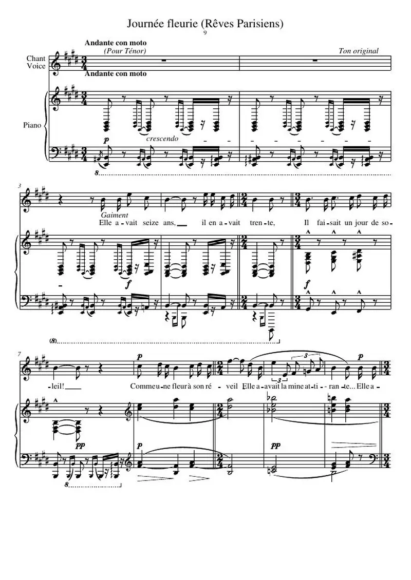 Первая страница нот «Journée fleurie (Rêves Parisiens) (Мелодияs pour Piano et Chant (Chansons populaires))»