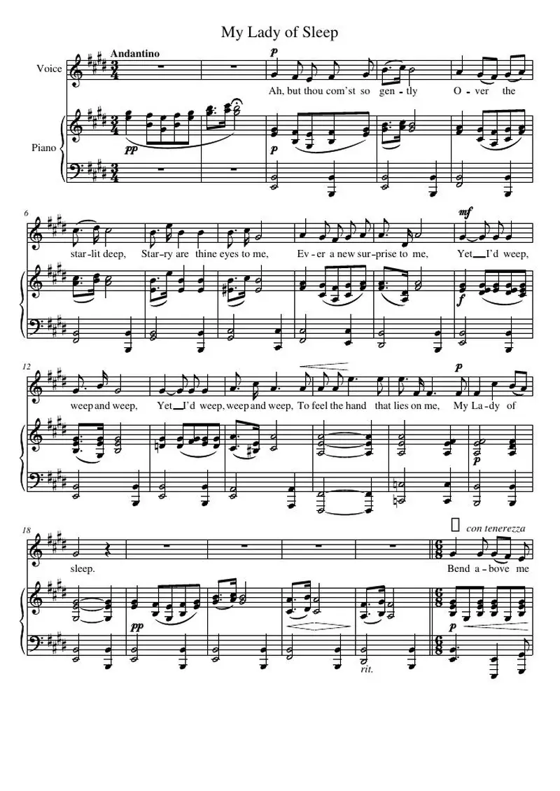 Первая страница нот «My Lady of Sleep»
