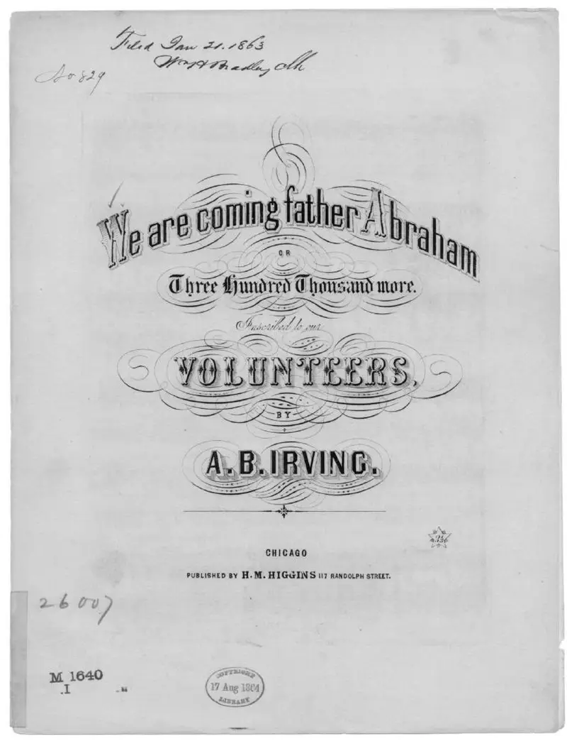 Первая страница нот «We are coming father Abraham, or Three hundred thousand more»