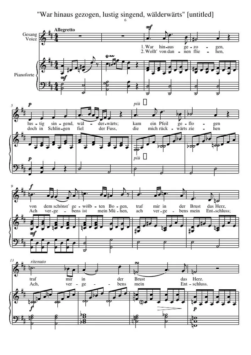 Первая страница нот «"War hinaus gezogen, lustig singend, wälderwärts" [untitled]»