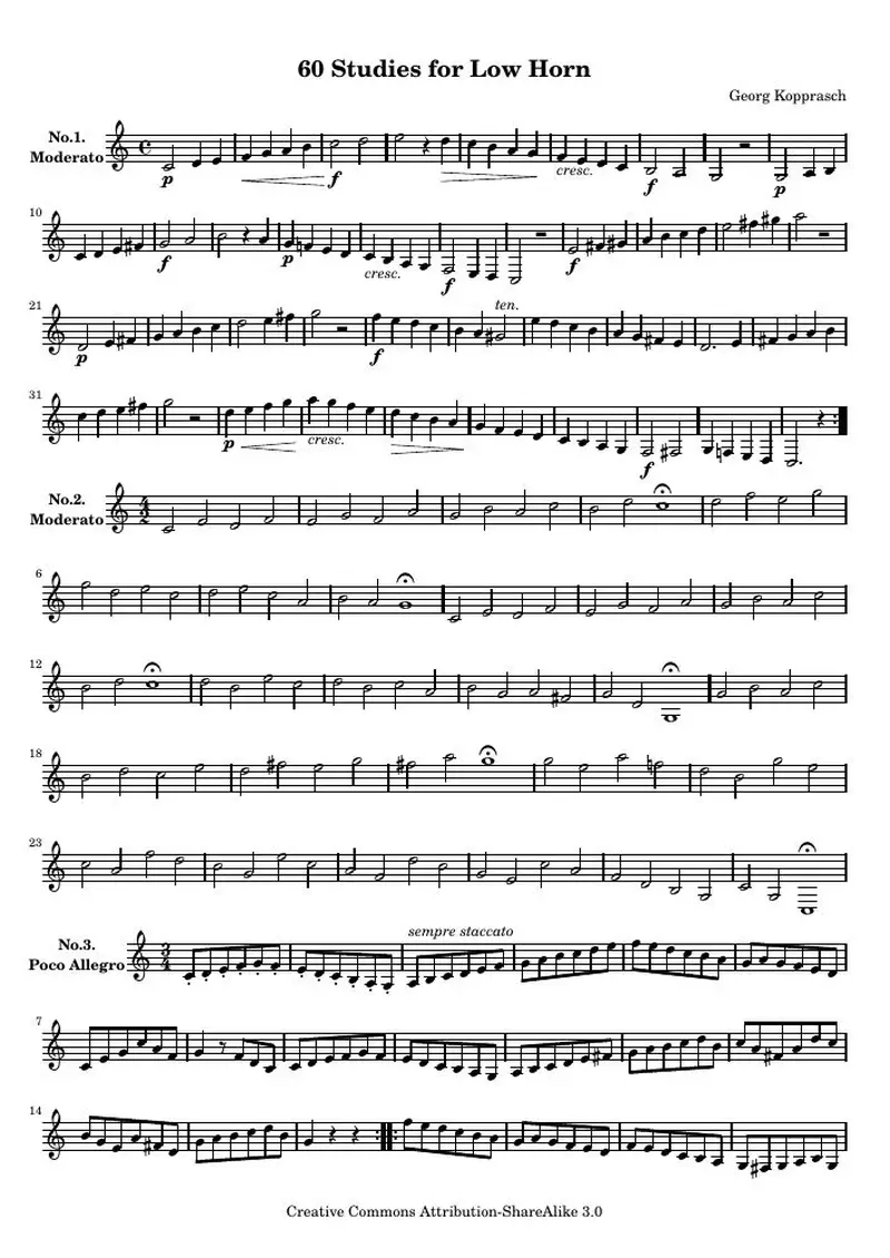 Первая страница нот «60 Этюд for Low Horn (соч.6)»