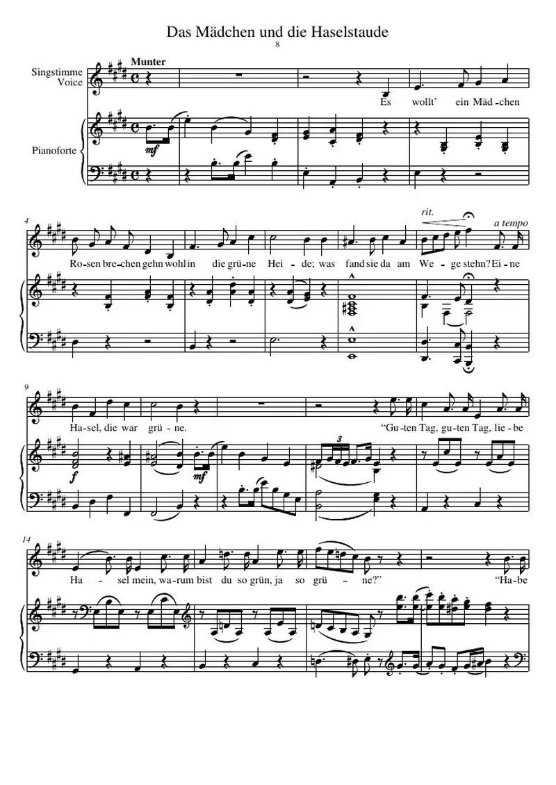 Первая страница нот «Das Mädchen und die Haselstaude»