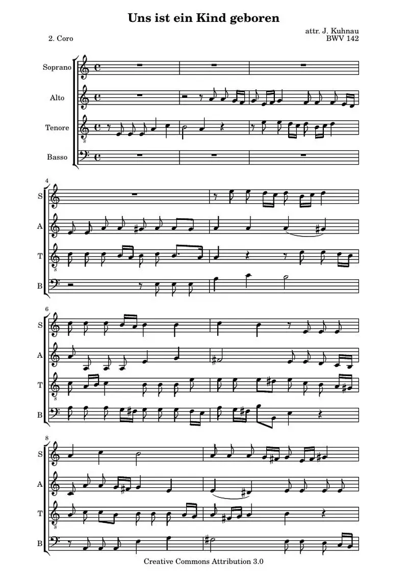 Первая страница нот «Uns ist ein Kind geboren: 2. Coro (BWV 142)»