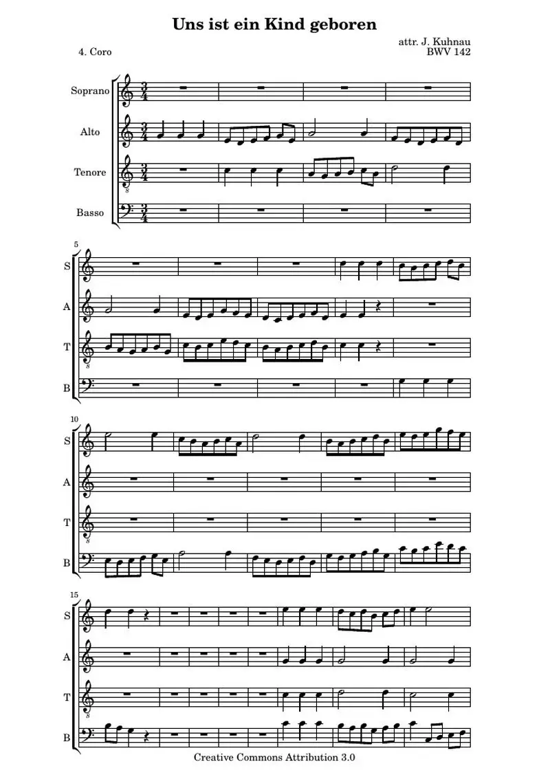 Первая страница нот «Uns ist ein Kind geboren: 4. Coro (BWV 142)»