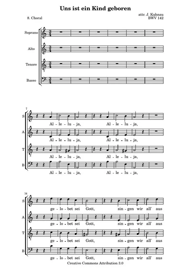 Первая страница нот «Uns ist ein Kind geboren: 8. Choral (BWV 142)»