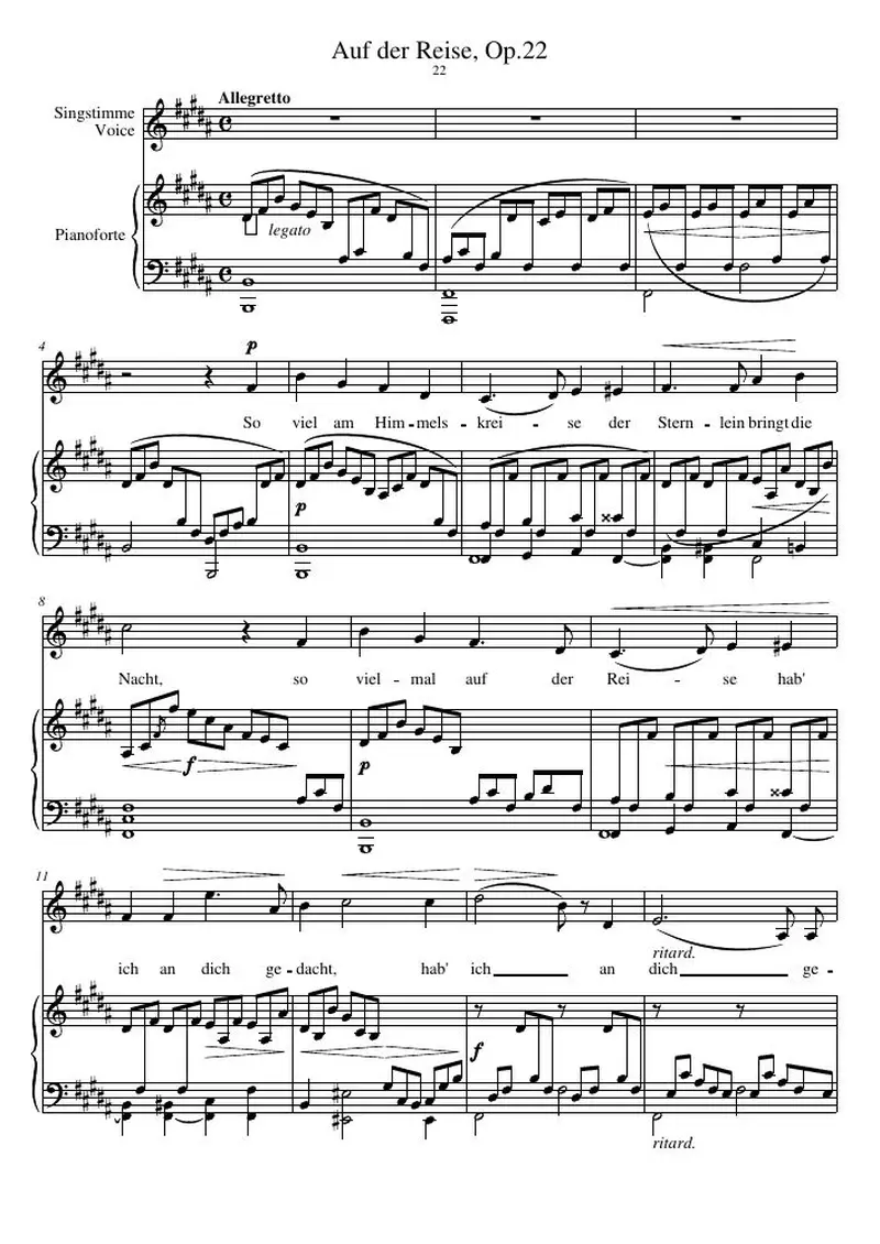 Первая страница нот «Auf der Reise, соч.22»