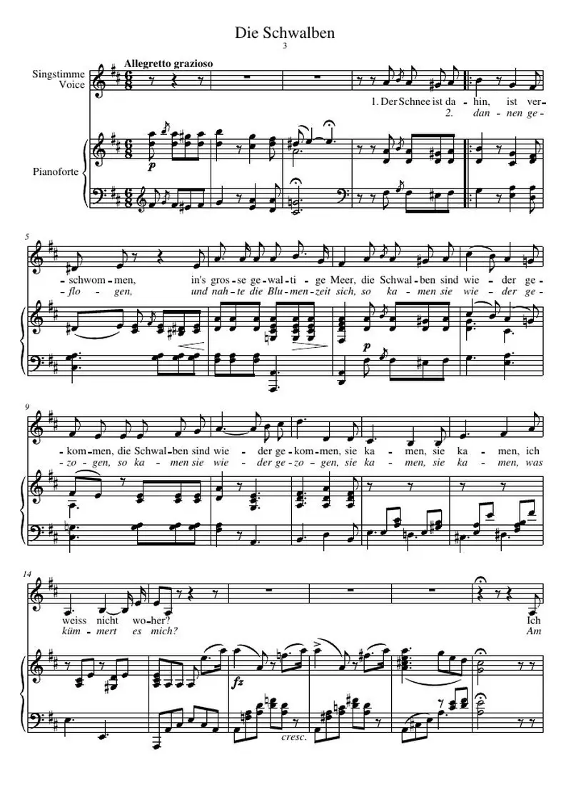 Первая страница нот «Die Schwalben»