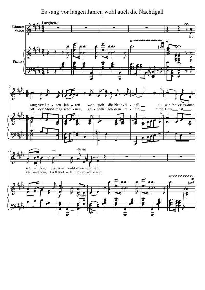 Первая страница нот «Es sang vor langen Jahren wohl auch die Nachtigall»