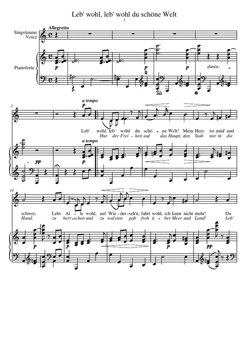 Первая страница нот «Leb' wohl, leb' wohl du schöne Welt»